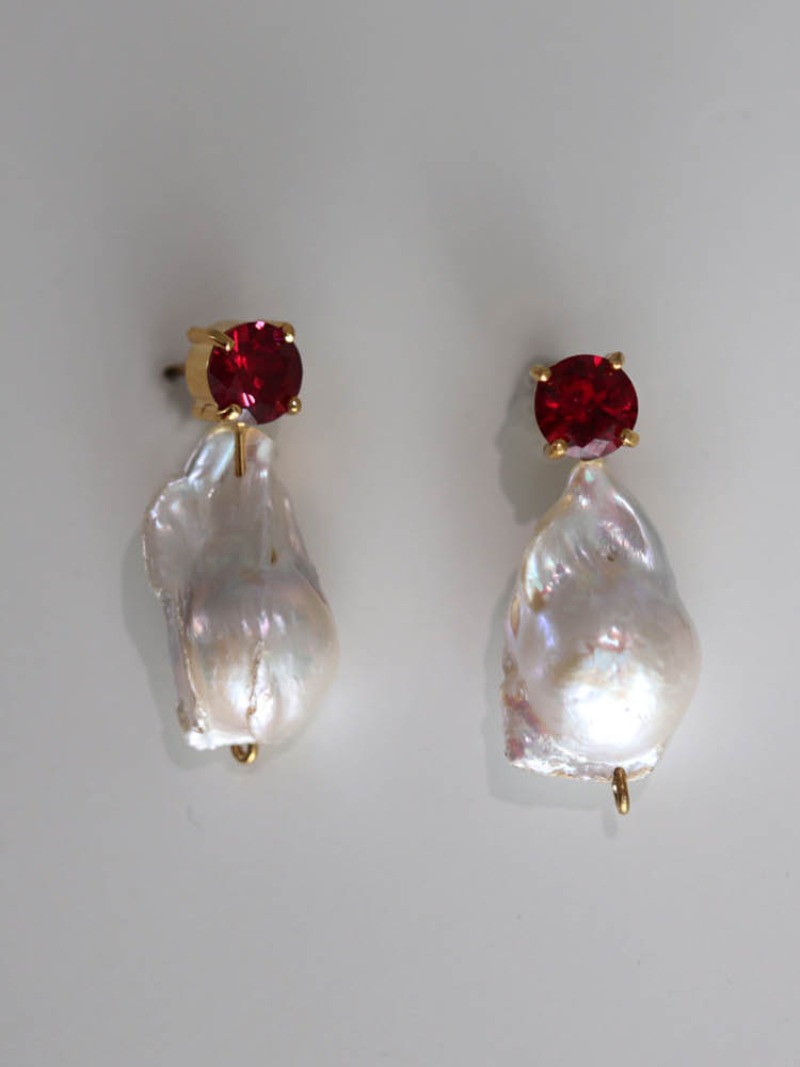 Baroque Pearl Zirconia Set Earrings - Ruby Red