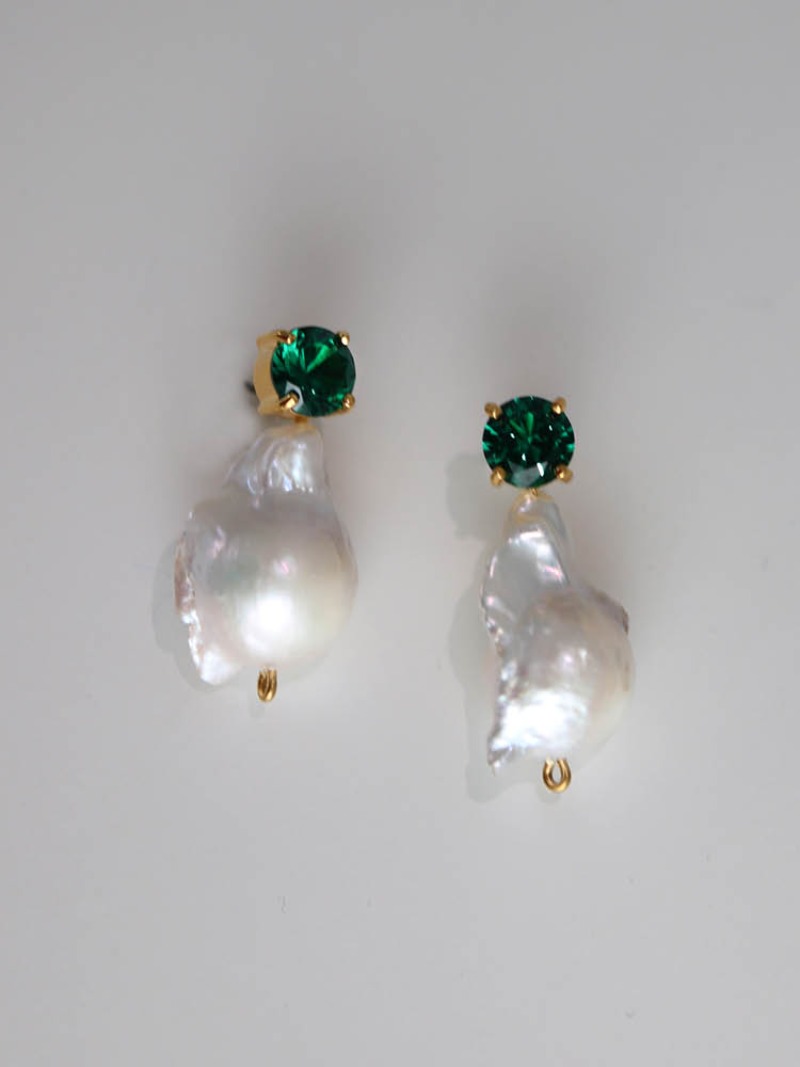Baroque Pearl Zirconia Set Earrings - Green